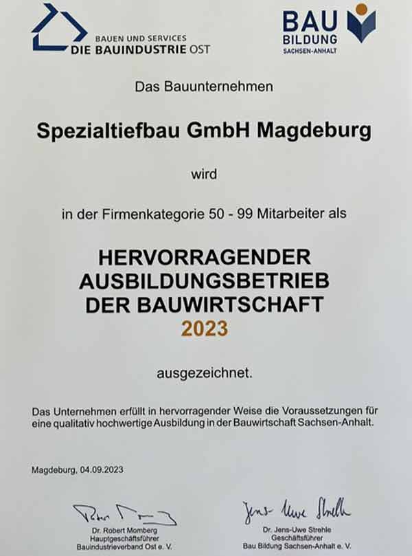 Auszeichnung zum hervorragenden Ausbildungsbetrieb zur Lehrjahrseröffnung 2023 - Spezialtiefbau Magdeburg GmbH
